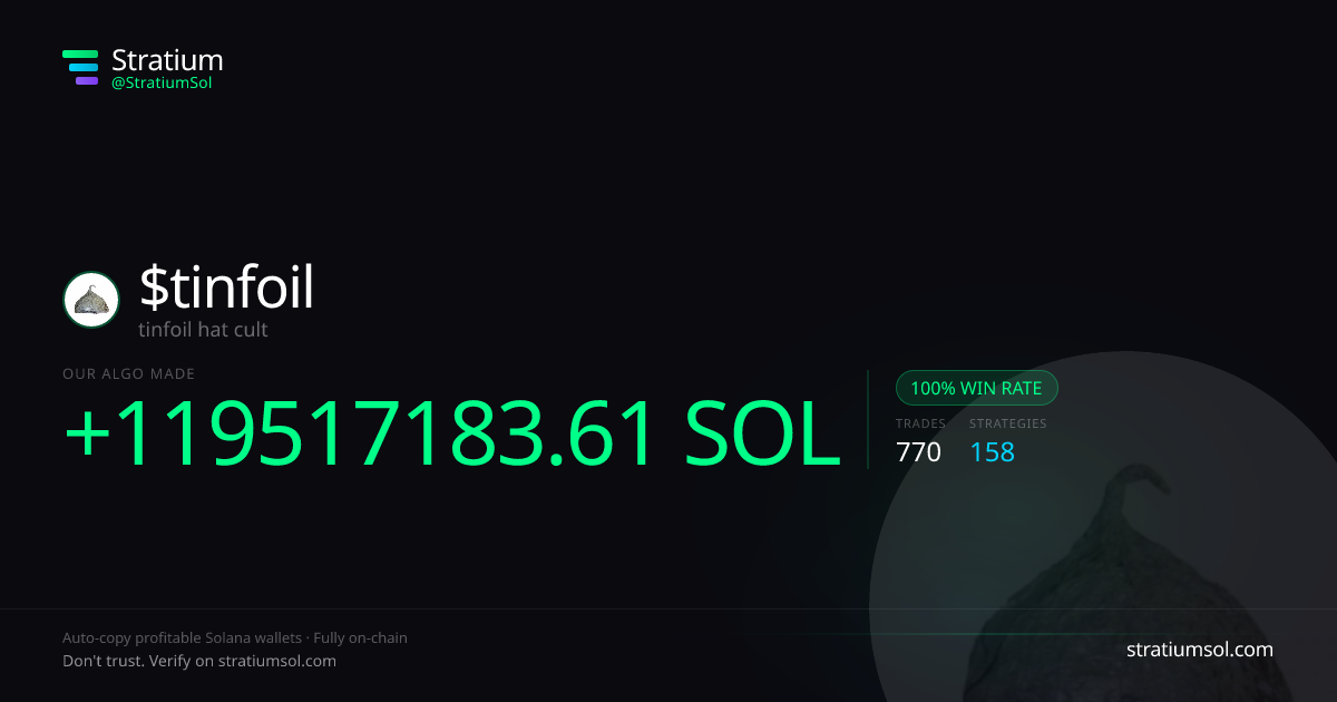 tinfoil copy trading performance on Stratium — 770 trades, 100% win rate, +119517183.61 SOL PnL
