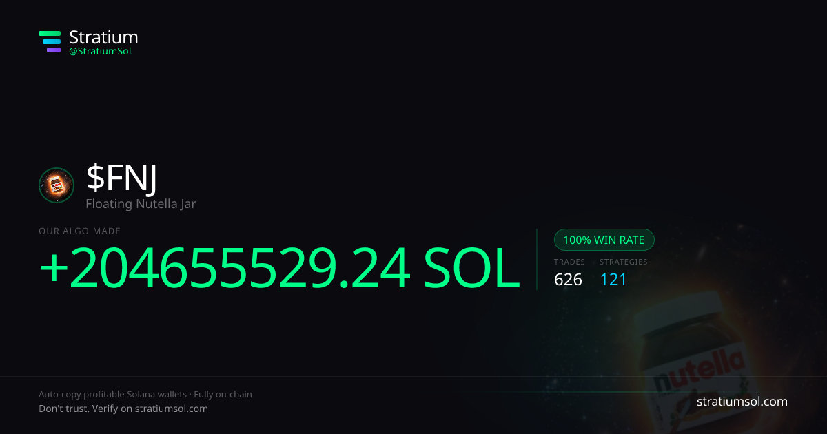 FNJ copy trading performance on Stratium — 626 trades, 100% win rate, +204655529.24 SOL PnL